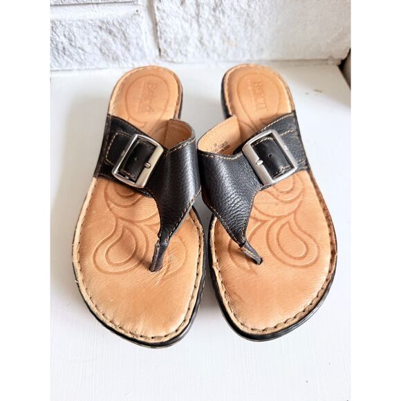 Born Black Pebble Leather Thong Wedge Platform Flip Flop Buckle Sandals Size 7 - Picture 3 of 8